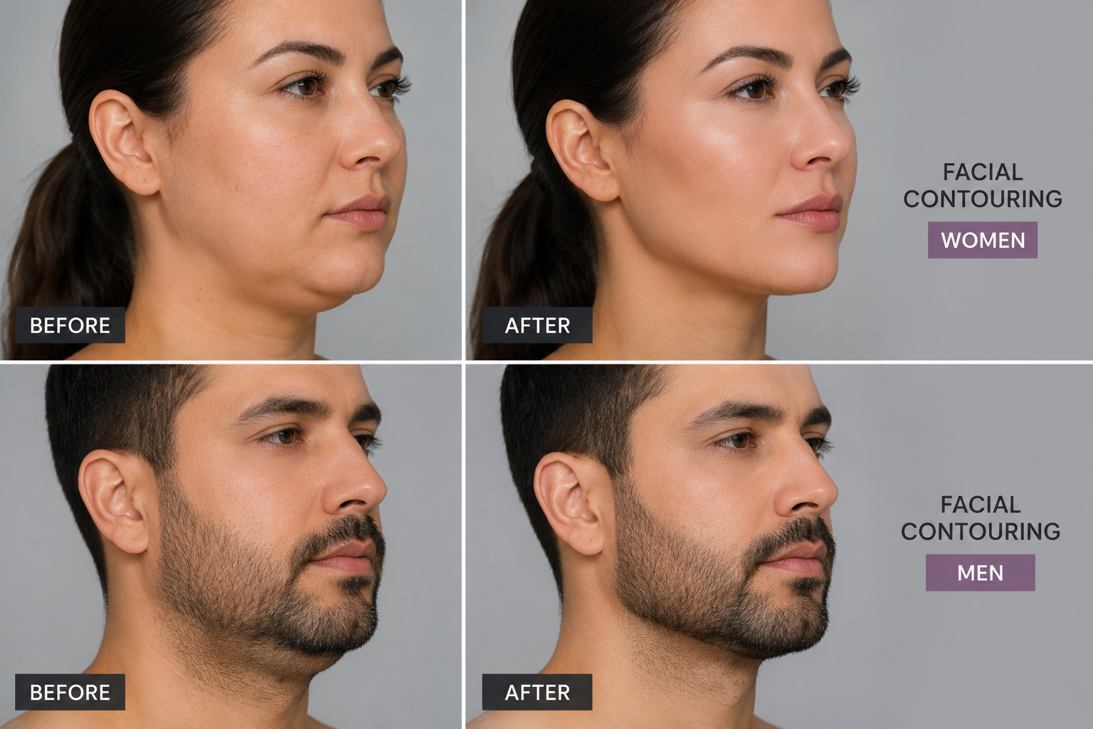 Before and after facial contouring — lifted jawline and improved definition — Elite Laser Services Saskatoon